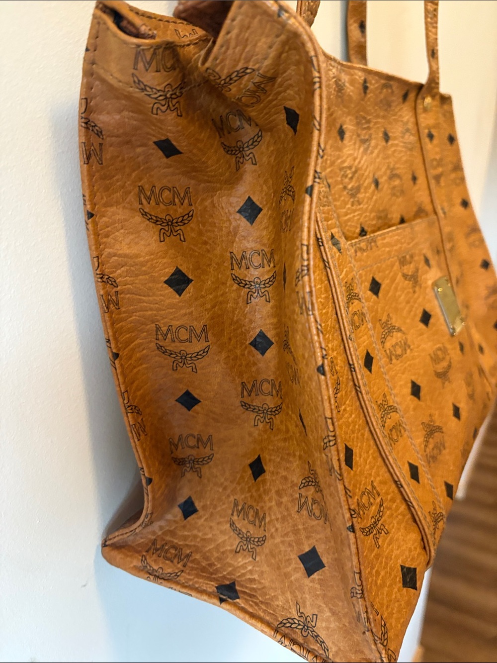 Authentic MCM Cognac Logo Shoulder Tote with Gold - Picture 3 of 7